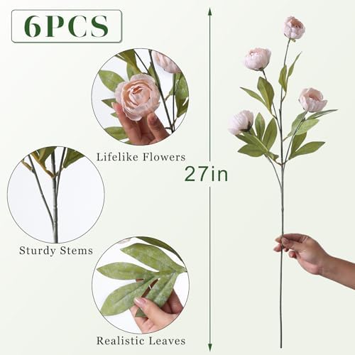 VIERENA 6 Pcs 27" Faux Silk Peony Artificial Flowers Stems for Vase (Beige) - Image 5