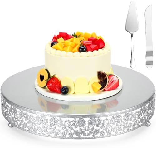 Wenqik 14 Inch Silver Cake Stand Set Metal Round Cupcake Dessert Stand with Cake Cutting, Flower Spatula Wedding Cupcake Pastry Display Candy Holder Display for Wedding Party Birthday Baby Shower by Wenqik