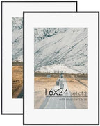 FLYJOE 16x24 Frame | 16x24 Poster Frame With Mat For 12x18 | Metal Aluminum Picture Frame With Tempered Glass | Minimalist Modern Poster Frame | Hanging Hardware Included | Black by FLYJOE