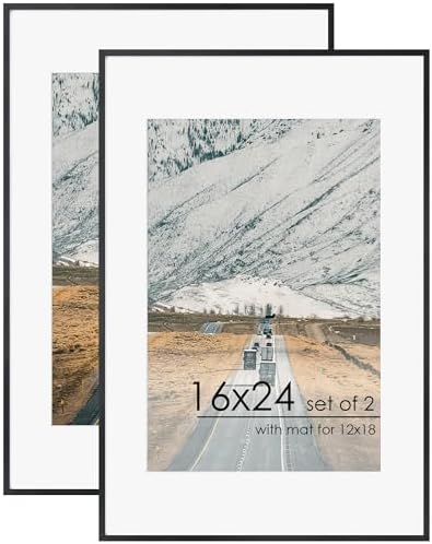 FLYJOE 16x24 Frame | 16x24 Poster Frame With Mat For 12x18 | Metal Aluminum Picture Frame With Tempered Glass | Minimalist Modern Poster Frame | Hanging Hardware Included | Black by FLYJOE