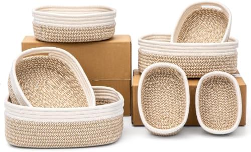 7 Piece Cotton Rope Woven Basket Set - Small Basket for Baby Nursery, Pets, Montessori, Dog & Cat Toy Boxes, Bathroom Organization Bins (White/Brown) by HLWDFLZ