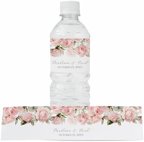Personalized Water Bottle Labels with Choice of 30 Flower Styles - Choose Font and Pre-Made Phrases or Design Custom Text - LABELS ONLY (015 Pink Roses, 2 inch (8.5x2")) by ThePaperedWedding
