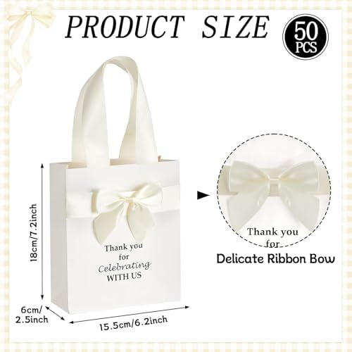 50 Pcs Wedding Gift Bags for Guests Bulk with Bow Ribbon Handles 6.2x7.2x2.5 Inch Wedding Favor Bag Thank You Gift Bags for Party Favor Bridesmaid Bags Bridal Shower Valentine Birthday Supplies(Beige) - Image 2