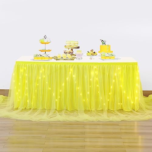 PARTISKY Yellow Tulle Tutu Table Skirt for Rectangle Tables or Round Tables,Led Light String Table Cloth for Wedding Baby Shower Birthday Party Dessert/Cake Tables by Partisky
