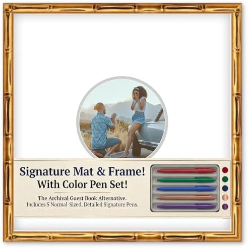 CountryArtHouse Signature Keepsake Frame - Circle Mat Window - Gold Bamboo Genuine Hardwood 20x20 8x8 Photo - Light Gray Border Mat - Gel Pens Included for Guest Signing by CountryArtHouse