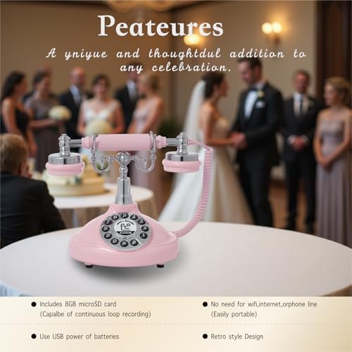 Audio Guest Book Wedding Phone,Audio Guestbook Phone Vintage Style Audio Message Voicemail for Graduation Retirement Party Birthdays Baby Shower Special Occasions (Pink) - Image 4