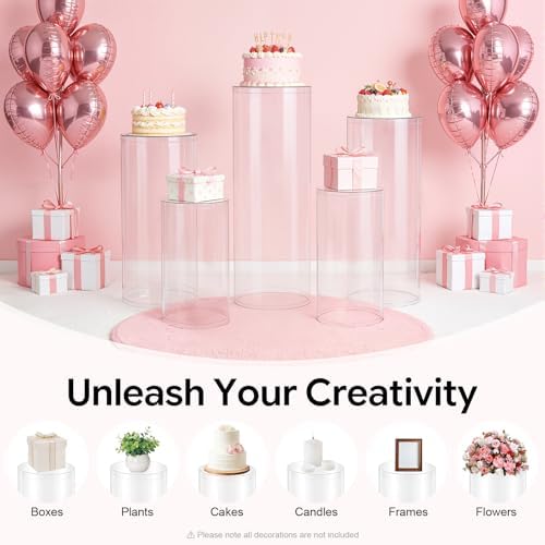 YuEany Cylinder Pedestal Stands, White Round Display Plinth Pillars for Wedding Party Decor, Acrylic Cake Stands for Dessert Table, Art Display Risers for Birthday Baby Shower (3) - Image 3