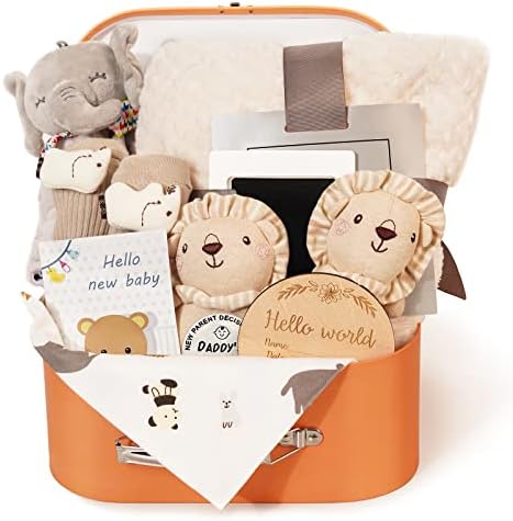 Baby Gift Set for Newborn - 11PCS Baby Shower Gifts Basket with Baby Blanket Baby Rattle, Wooden Keepsake Milestone Elephant Toy Decision Coin & Baby Bibs Socks Essentials for Baby Girls Boys by Cubotn