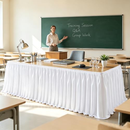 17ft White Satin Table Skirt for Rectangle & Round Table Teacher Desk Skirt by PartyTalk