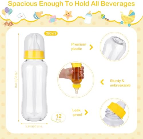 Aneco 12 Set Bottle Chug Baby Shower Games, Plastic Juegos Para Baby Shower Bottle, Gender Reveal Race Decoration with Bottles Bibs Sign Diapers Caps Blindfolds for Adult Party Supplies, Light Yellow - Image 2
