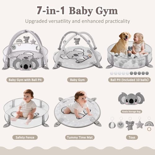 7-in-1 XL Large Baby Play Gym Mat, Tummy Time Mat, Baby Gym & Ball Pit, Baby Activity Mat with Milestone Cards & 6 Detachable Toys for Sensory Motor Skill, Grey Koala - Image 2