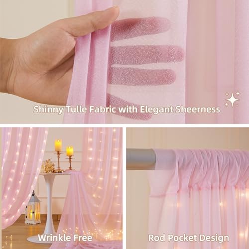 10x10FT Pink Wrinkle Free Backdrop Curtains with Lights String for Parties - Photo Curtain Backdrop with Lights for Wedding Decorations, Bridal Baby Shower Birthday Party Photography Background - Image 2