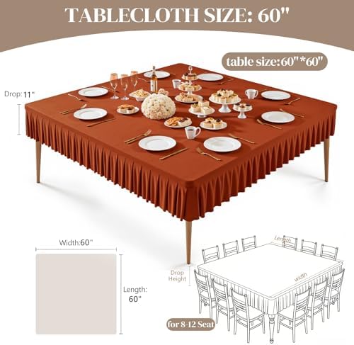 Wish Care 2 Pack Rust Spandex Tablecloths for 60x60 Inch Square Tables, Stretch Fitted Table Clothes with Pleated Ruffle Skirt for 60” Table, Wrinkle Free and Elastic, for Party Kitchen Home Dining - Image 4