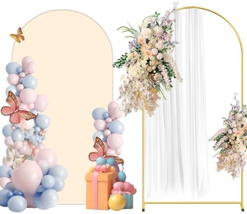 Metal Arch Backdrop Stand and Cover Set, 6.6FT Beige Reusable Spandex Fitted Backdrop Cover and Gold Wedding Arch Frame for Baby Shower, Birthday, Parties Decoration. by CHUNQIANGCAIDESIGN