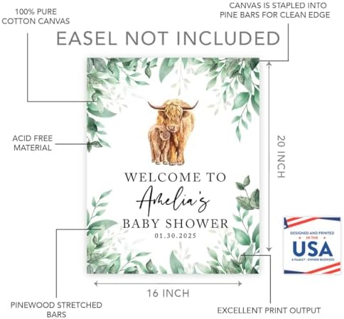 Andaz Press Greenery Highland Cow Baby Shower Decorations, Personalized Welcome Sign Board, Western Theme, 16"x20" Canvas Guest Book Alternative - Image 2