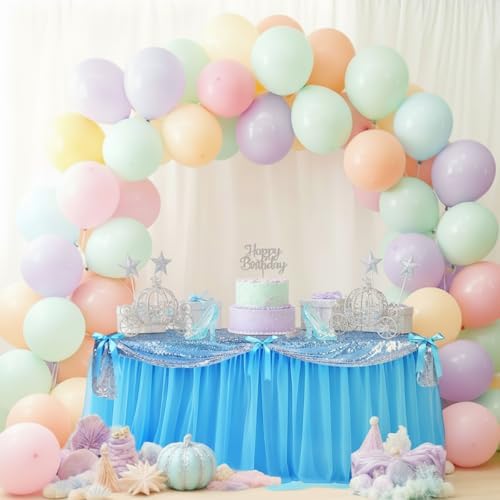 5 Pcs Princess Party Decor Blue Silver Sequin Tulle Table Skirt 30 x 108 in - Image 5