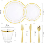WELLIFE 300Pcs Clear Gold Dinnerware, Clear and Gold Plates Heavy Duty, Including 50 Dinner and 50 Dessert Plates, 50 Cups, 50 Silverware - Image 2