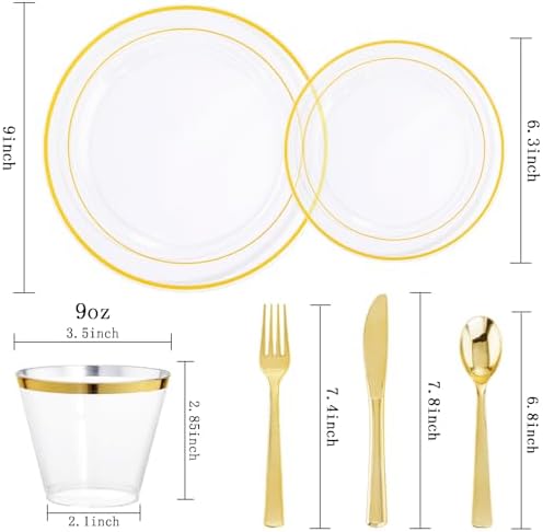 WELLIFE 300Pcs Clear Gold Dinnerware, Clear and Gold Plates Heavy Duty, Including 50 Dinner and 50 Dessert Plates, 50 Cups, 50 Silverware - Image 2