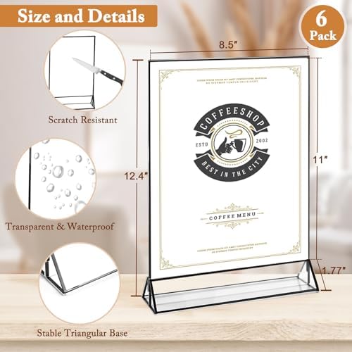 Floroom 6 Pack 8.5x11 Inch Clear Acrylic Sign Holders, Black Border Double-Sided Vertical Picture Frames & Display Stands for Table Numbers, Photos, Menus, Flyers, Weddings, Parties & Events - Image 2