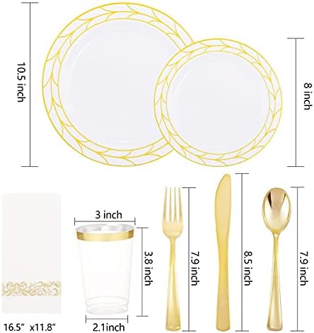 COLOSUS 175PCS Gold Dinnerware Sets, 25 Guests Leaf Stripe Plastic Plates. - Image 3