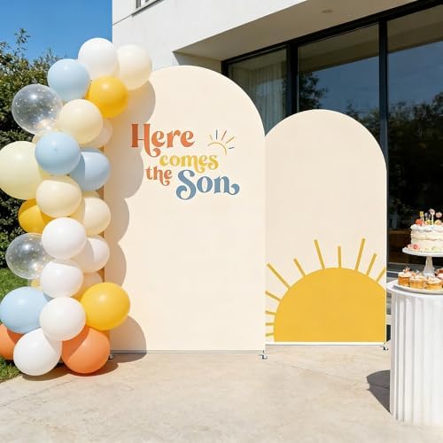 2Pcs Here Comes The Son Baby Shower Party Arch Backdrop Cover,Sunrise Curved Spandex Background,Solid Beige Design (5ft & 4ft) - Image 3