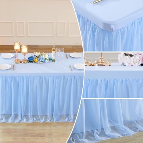 2 Pack Baby Blue Tablecloths for 8 Foot Rectangle Tables Ruffle Tulle Tablecloth Light Blue Table Cloth Rectangle 8ft Spandex Table Cover for Baby Shower Boy Birthday Party Banquet Table Skirt - Image 5