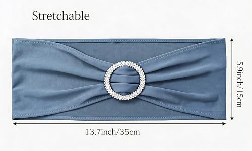 Pack of 50PCS Spandex Dusty Blue Chair Sashes Bows Elastic Chair Cover Bands Slider Buckles for Wedding Reception Banquet Bridal Decorations - Dusty Blue - Image 3