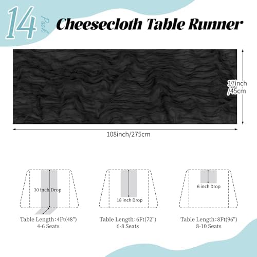 14 Pack Black Cheesecloth Table Runner 17x108 Inch Semi Sheer Boho Gauze Cheese Cloth Fabric Table Runners, for Wedding Party Baby Shower Birthday Home Decor Garden Farmhouse - Image 2