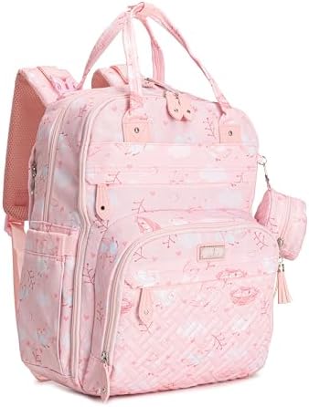 BabbleRoo Diaper Bag Backpack - Baby Essentials Travel Tote - Multi Function Water Resistant Diaper Bag, Travel Essentials Baby Bag with Changing Pad, Stroller Straps & Pacifier Case - Pink Birdy by BabbleRoo