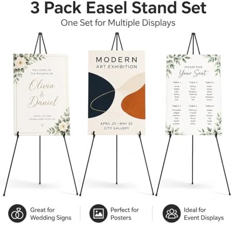 3 Pack Easel Stand for Sign, 63 Inch Portable Display Easel Stand, Black Metal Floor Easel for Wedding Welcome Sign, Poster Board, Party, Presentation, Event Display with Storage Bags - Image 2