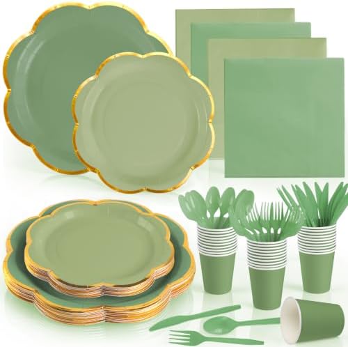 350Pcs Sage Green Paper Plates and Napkins Party Supplies for 50 Guests by OuMuaMua