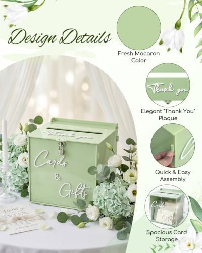 Sage Green Acrylic Wedding Card Box with Lock, 10" Card Holder with Slot - Image 4