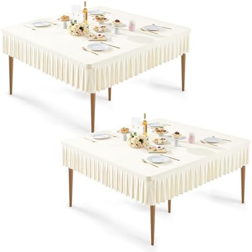 Wish Care 2 Pack Ivory Spandex Tablecloths for 54x54 Inch Square Tables, Stretch Fitted Table Clothes with Pleated Ruffle Skirt for 54” Table, Wrinkle Free and Elastic, for Party Kitchen Home Dining by WishCare