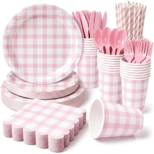 400 Pcs Pcs Pink Gingham Paper Plates and Napkins Set for 50, 9" Dinner Plates & 7" Dessert Plate, Baby Girl Shower Birthday Party by Unknown