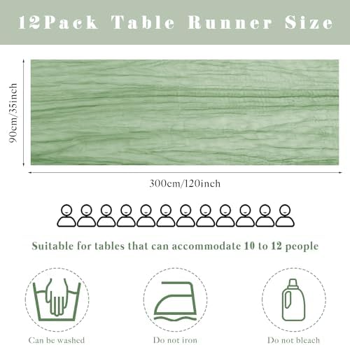 12 Pcs 10FT Sage Green Cheesecloth Table Runner 35 x 120 Inches Long Runner for Tables Gauze Fabric Boho Table Runner Decoration Rustic Sheer Runner for Wedding Baby Shower Birthday Party (Sage Green) - Image 3