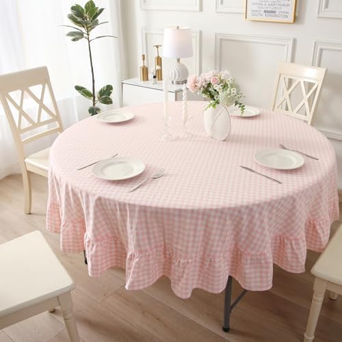 Blush White Gingham Tablecloth Round Dia.90” by KMASANIJI