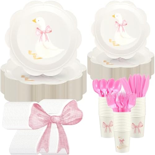 175 Pcs One Silly Goose Party Set, Plates Cups Napkins, Pink by Acellegic