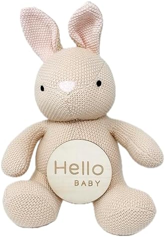 Monthly Baby Milestone Knit Cotton Stuffie with Wooden Discs, Newborn Photography Prop, Announcement Sign by Sawyer & Eloise (Bunny) - Image 2