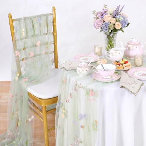 Floral Gauze Table Runner Green 10ft Embroidery Tulle Spring Wildflower - Image 3