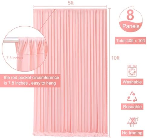 8 Panels Blush Pink Backdrop Curtain for Parties Wedding Wrinkle Free Pink Photo Curtains Backdrop Drapes Fabric Decoration for Baby Shower Birthday Party 40ft(W) x 10ft(H) - Image 5