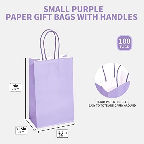DjinnGlory 100 Pack Small Lavender Purple Paper Gift Bags with Handles Bulk 9''x5.5''x3.15'' for Birthday Wedding Baby Shower Parties Goodies, Purple Business Shopping Bags - Image 3