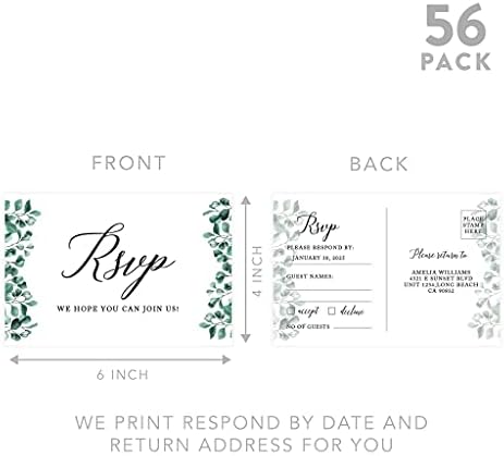 Andaz Press 56-Pack Personalized RSVP Postcards for Wedding Greenery Eucalyptus Leaves Cardstock Response Reply Cards for Bridal Shower Baby Shower Birthday Event Custom Date Return Address 4 x 6-Inch - Image 5
