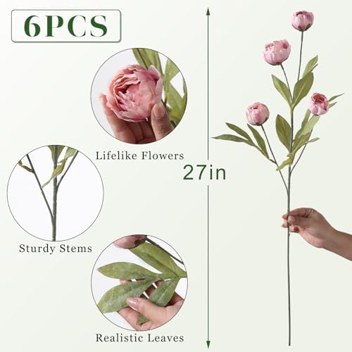 6 Pcs 27" Faux Silk Peony Artificial Flowers Stems for Vase (Blush Pink) - Image 5