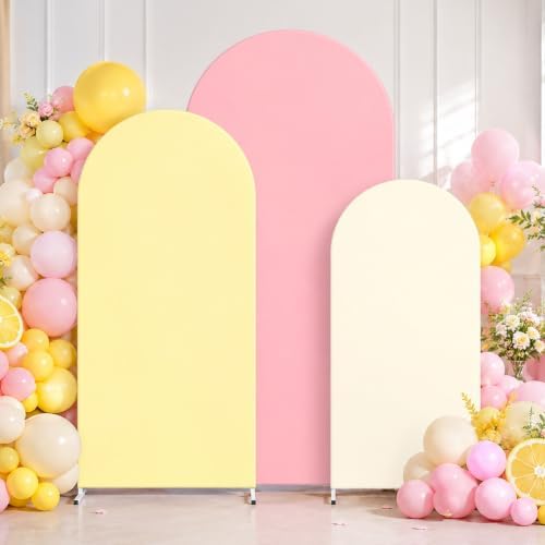 FYSUIMU 3 Pcs Pink Yellow Arch Backdrop Covers Pastel Stretchy Spandex Arch Stand Fabric Cover for Summer Lemon Wedding Birthday Baby Bridal Shower Party Decoration (4ft/5ft/6ft) - Image 7