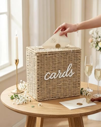 Wicker Wedding Card Box Basket with Slot, 10.2'' Hand-Woven Rattan - Image 2
