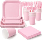 Vyntra 350 Pcs Pink Square Paper Plates and Napkins Set, Serves 50 by PartyTablewareSupplies