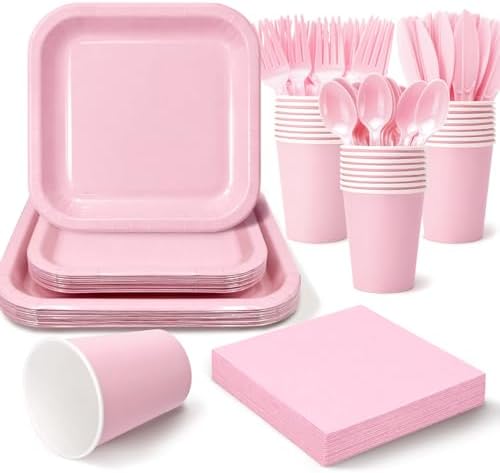 Vyntra 350 Pcs Pink Square Paper Plates and Napkins Set, Serves 50 by PartyTablewareSupplies