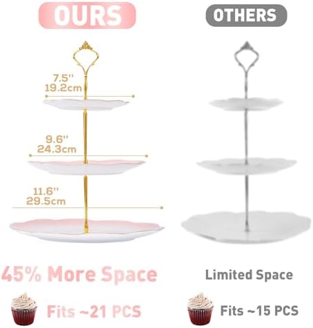 DUJUST Luxury Larger 3-Tier Cupcake Stand Tower, British Style Porcelain Serving Tray with Golden Trim, Food Grade Dessert Display Stand for Tea Party & Home Décor - 45% Gradient Pink Larger Plates - Image 5