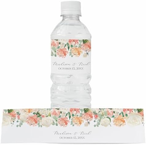 Personalized Water Bottle Labels with Choice of 30 Flower Styles - Choose Font and Pre-Made Phrases or Design Custom Text - LABELS ONLY (026 Peach Flowers, 2 inch (8.5x2")) by ThePaperedWedding