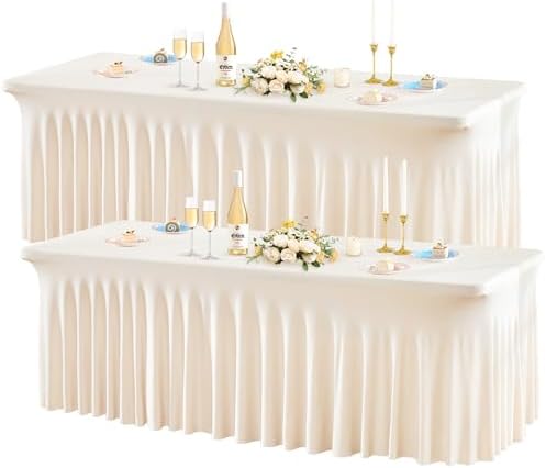 Wish Care 2 Pack Ivory Spandex Table Clothes for 4 Foot Rectangle Tables, 4FT Wrinkle Free Fitted Tablecloths Ruffles Design Table Cover for Party, Banquet, Wedding and Events by WishCare